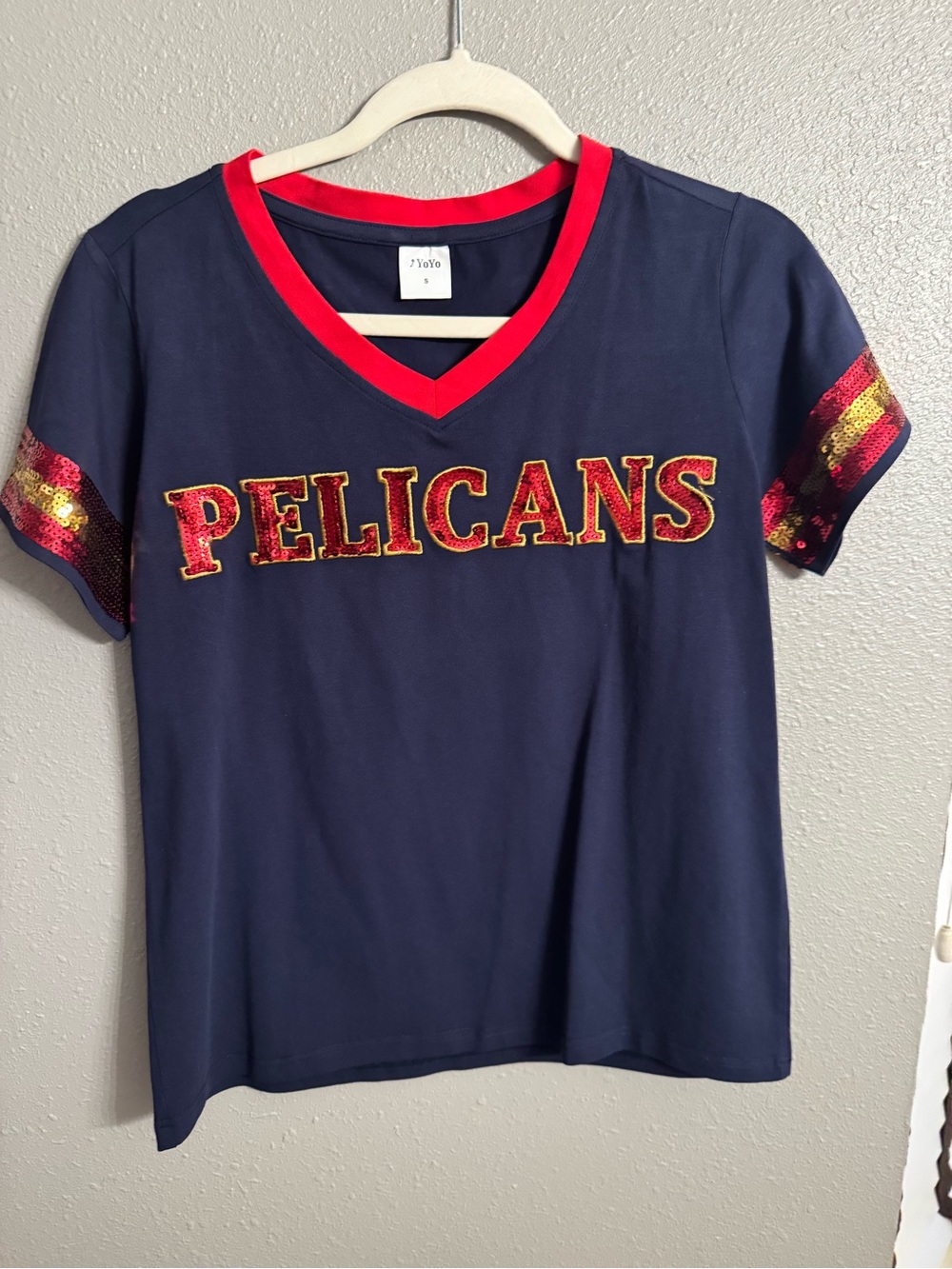 Pelicans Navy & Red Sequin Accent ladies V-Neck Tee